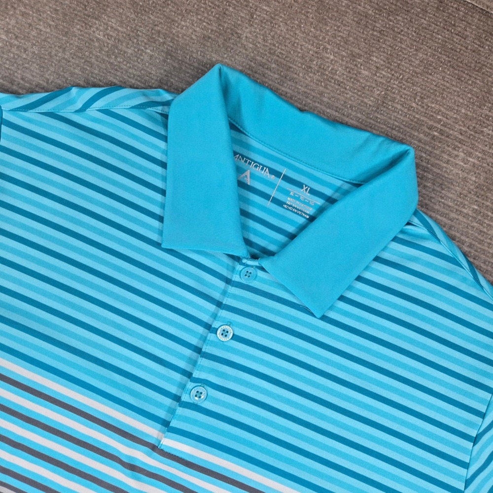 Antigua Mens XL Blue Striped Performance Stretch Golf Polo Shirt